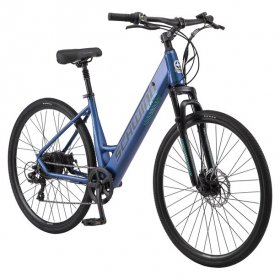 Schwinn Wanderlust Electric Hybrid Bike, 700c wheels, 7 speeds, 250-watt pedal assist motor, light blue