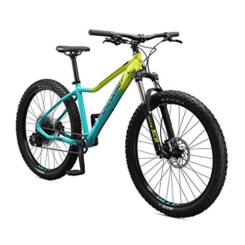 Mongoose Tyax Expert Adult Mountain Bike, 27.5 In. Wheels, Tectonic T2 Aluminum Frame, Rigid Hardtail, Hydraulic Disc Brakes, Women\'s Small Frame, Yellow and Teal, Model Number: M29200F10SM-Piece